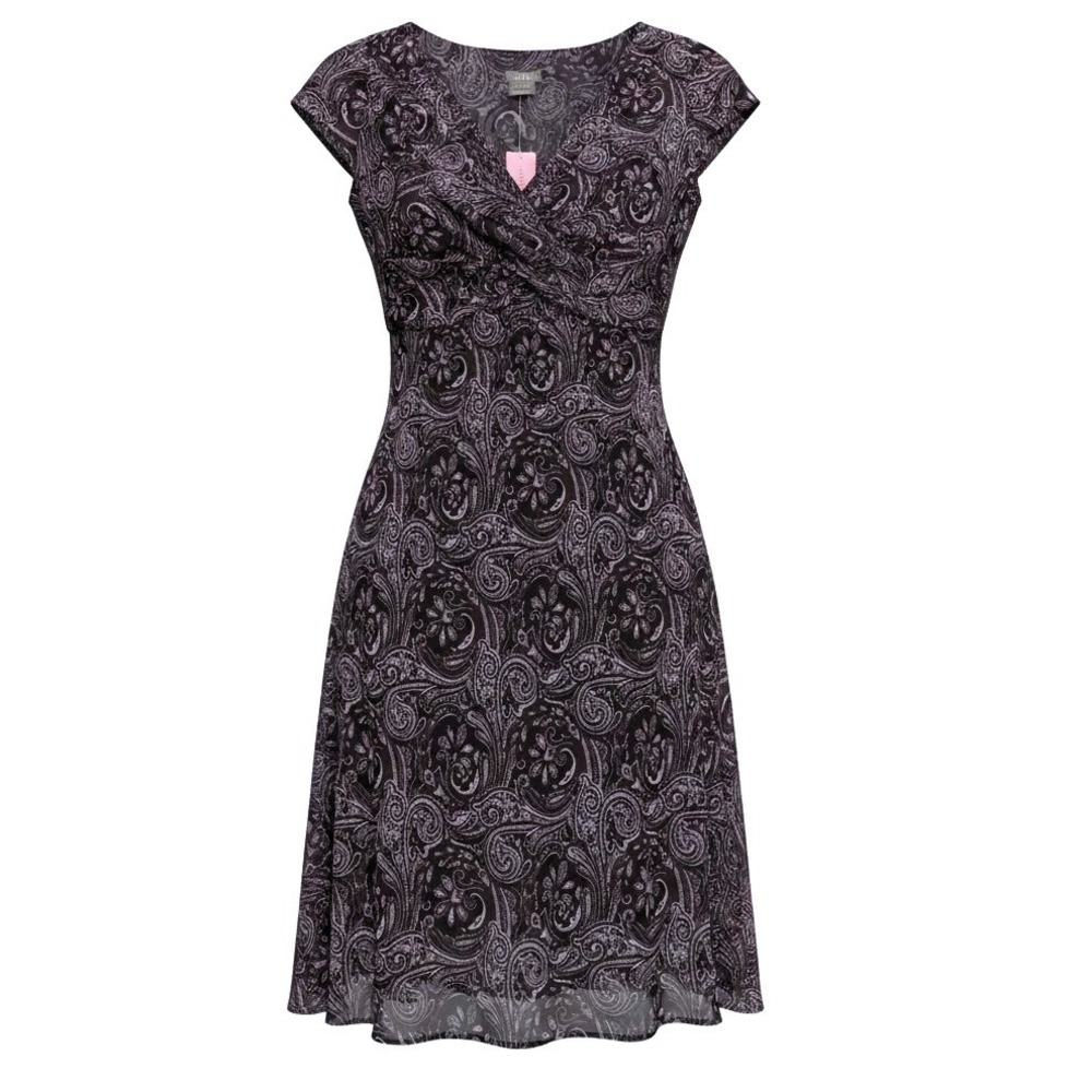 Ann Taylor Petites Paisley Sheath Dress Womens 4P Purple Faux Wrap V-Neck Knee